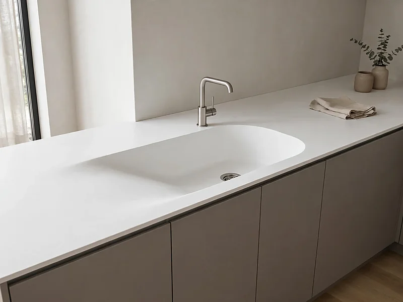 Seamless white solid-surface kitchen sink integrated into a matching countertop with minimalist gray cabinets.