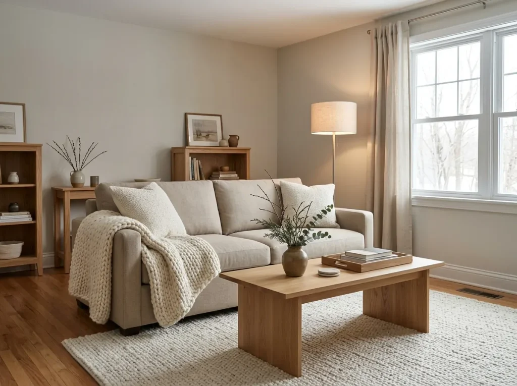 Cozy January living room with cream pillows, knitted throw, winter greenery, and natural wood accents.