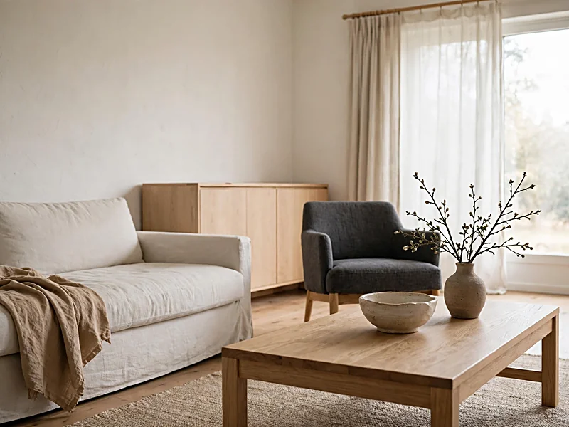 Japandi apartment with low oak furniture, linen seating, ceramic decor, and a muted sand and charcoal palette.