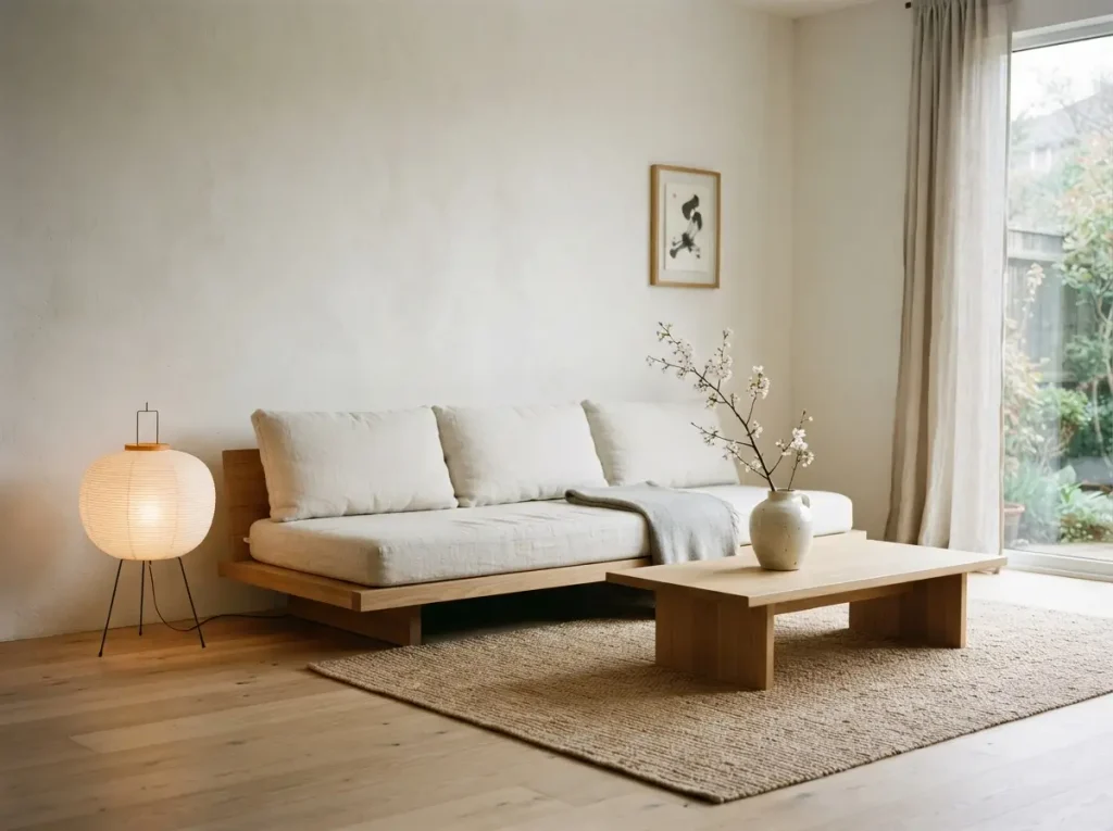 Japandi living room with low light-wood furniture, neutral textiles, and a simple ceramic vase
