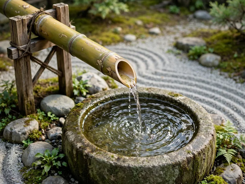 Bamboo water spout pouring into a stone basin in a Japanese-inspired gravel garden.