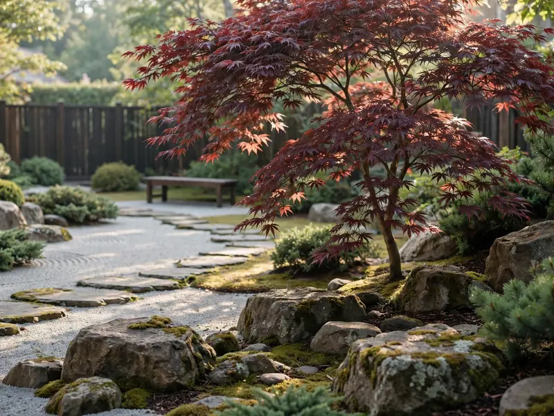 Peaceful Japanese-inspired residential garden with a red Japanese maple, natural stone pathway, moss, and carefully arranged gravel.