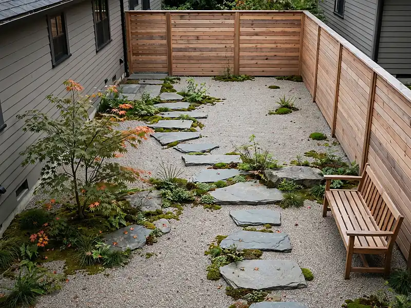 Japanese-inspired minimalist courtyard with natural stone, a small maple tree, and restrained green planting.