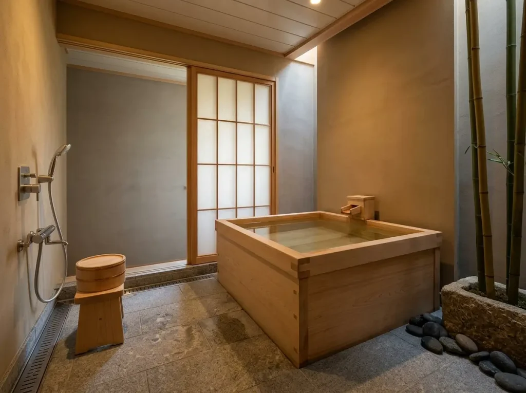 Japanese soaking bathroom with a wooden ofuro tub, washing stool, handheld shower, and sliding screen