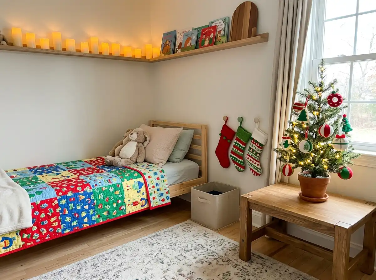 Child's bedroom with a small tree, unbreakable ornaments, low stockings, and LED lights