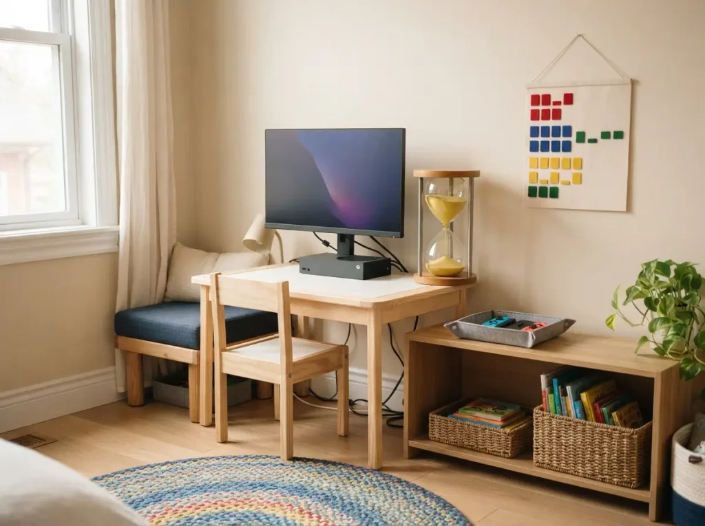 Kids gaming corner with a small desk, one console and a visible timer
