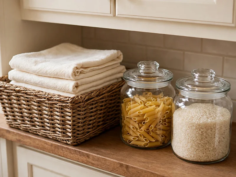 Woven basket holding folded kitchen towels beside glass jars used for pantry storage.
