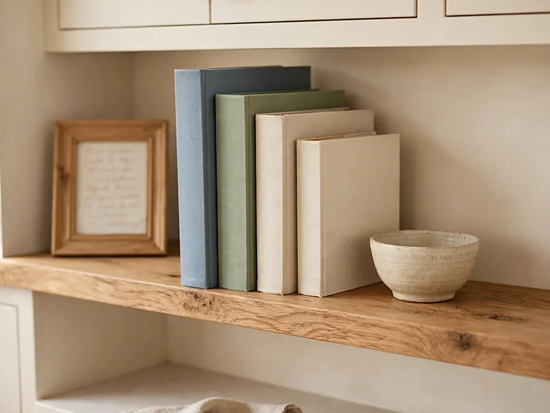 Wooden kitchen shelf displaying a few cookbooks, a ceramic bowl, and a small framed family keepsake.