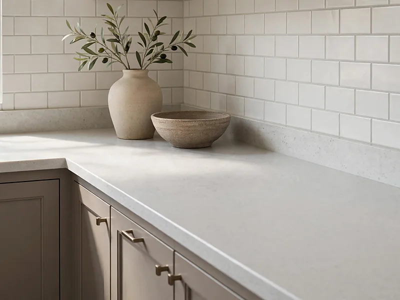 Small ceramic vase and low pottery bowl arranged in an unused kitchen counter corner.