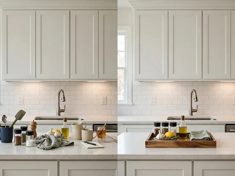 Side-by-side comparison of a cluttered kitchen countertop and the same counter organized with a tray.