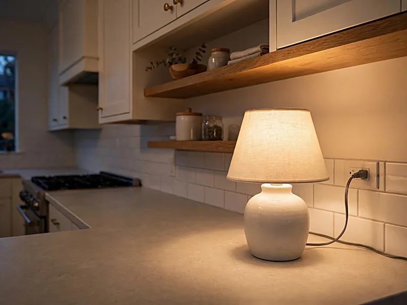 Small ceramic lamp providing warm accent lighting on a dry kitchen countertop away from the sink and stove.