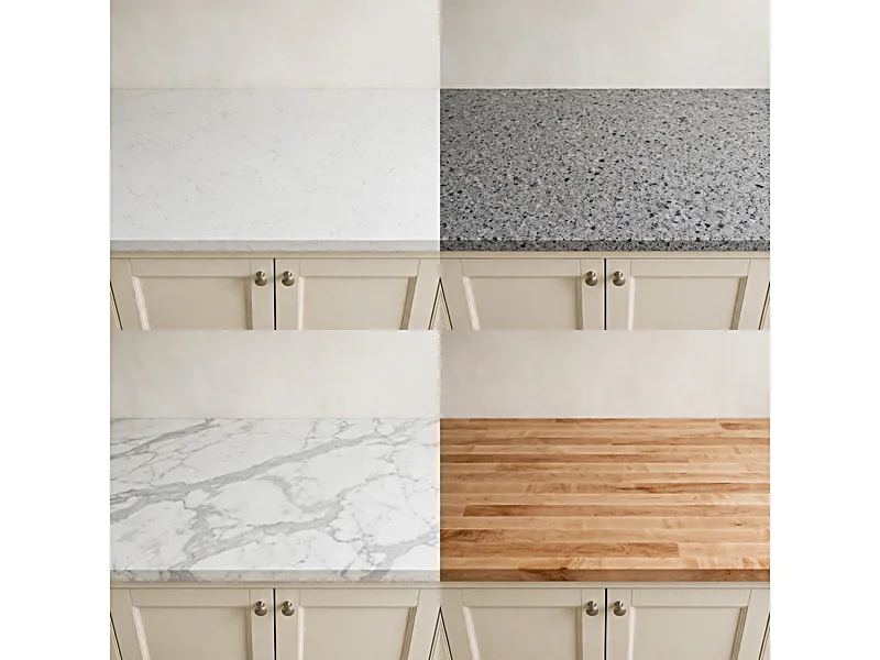 Side-by-side comparison of white quartz, gray granite, white marble, and maple butcher block countertop materials.