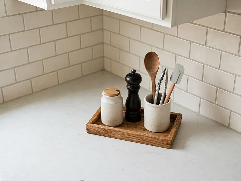 Wooden tray organizing salt, pepper, and kitchen utensils on a light quartz countertop.