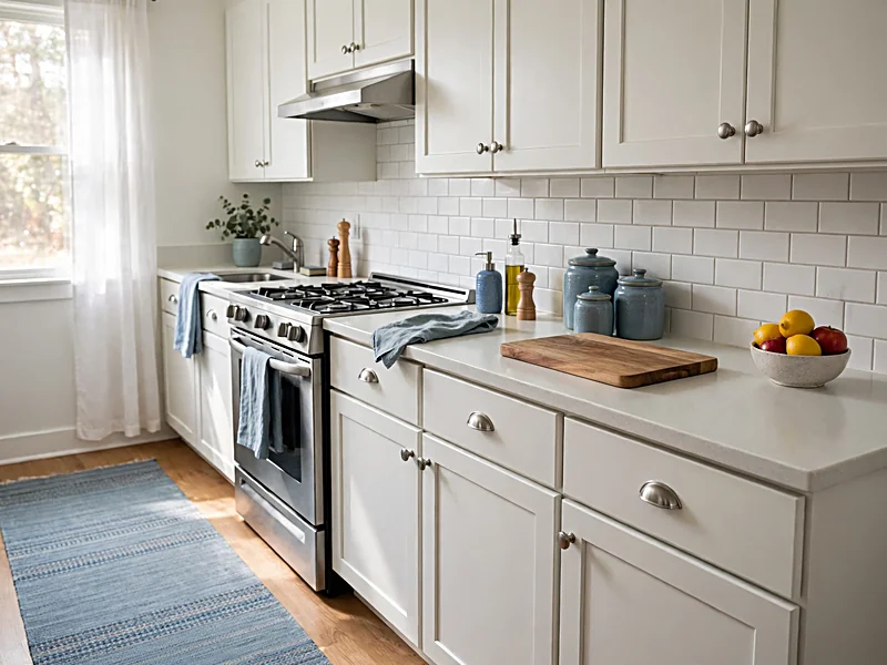 White kitchen with a muted blue runner, ceramic containers, wooden cutting boards, and coordinated dish towels.