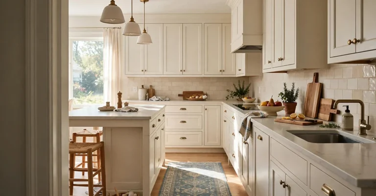 Bright kitchen with white cabinets, wood accents, a patterned runner, plants, and a decorated island.