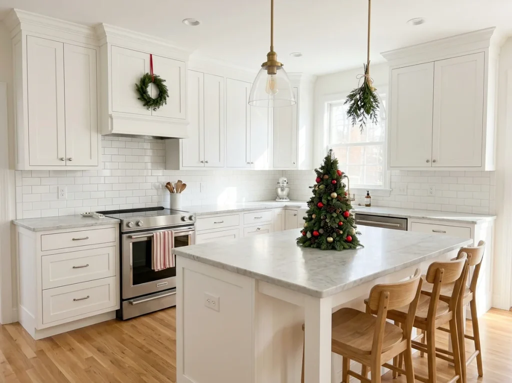 Kitchen with a wreath on the cabinet, greenery on the pendant light, and holiday towels on clear counters