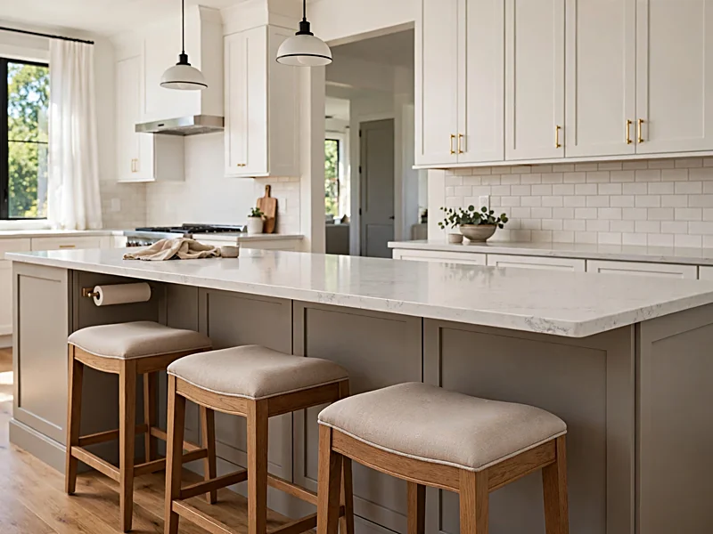 Kitchen island with an extended quartz countertop, three stools, and visible knee space.