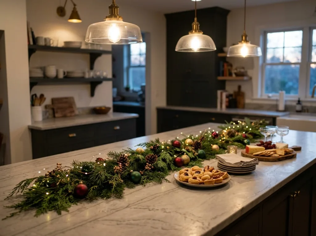 Low garland runner with ornaments and fairy lights down the center of a kitchen island
