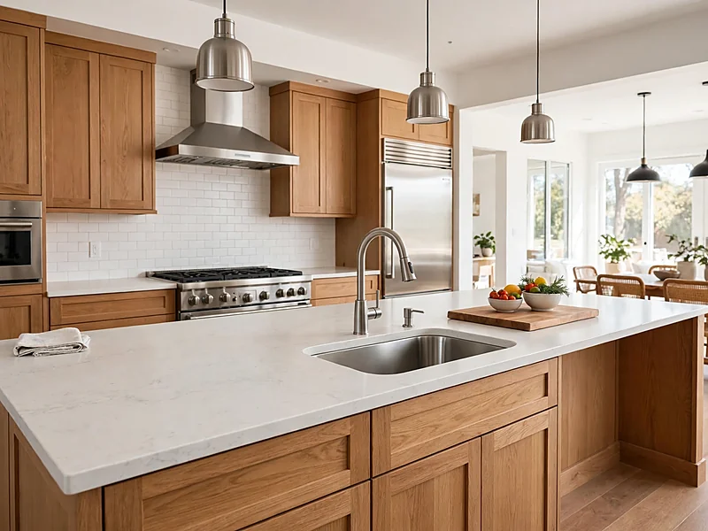 Stainless steel undermount sink installed in a spacious kitchen island with quartz countertops and open preparation space.