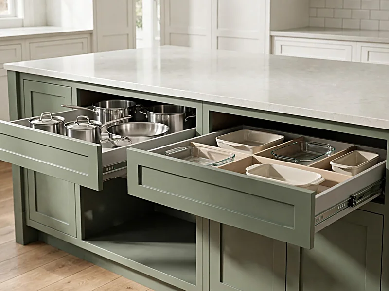 Kitchen island with deep drawers open, showing neatly arranged pots, pans, and cookware dividers.