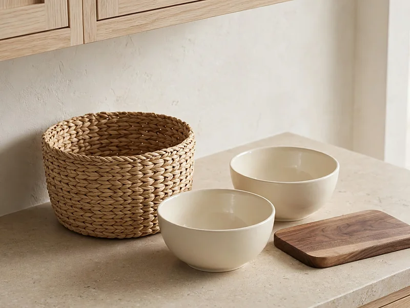 Woven basket, ceramic bowls, and wooden accessories arranged in a neutral kitchen.