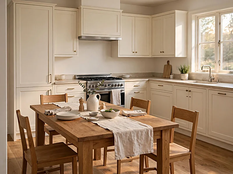 Traditional eat-in kitchen with a natural oak dining table, simple chairs, and cream cabinetry.