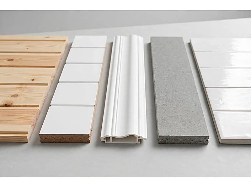 Five backsplash material samples showing natural wood, MDF, PVC, fiber cement, and wood-look ceramic tile.