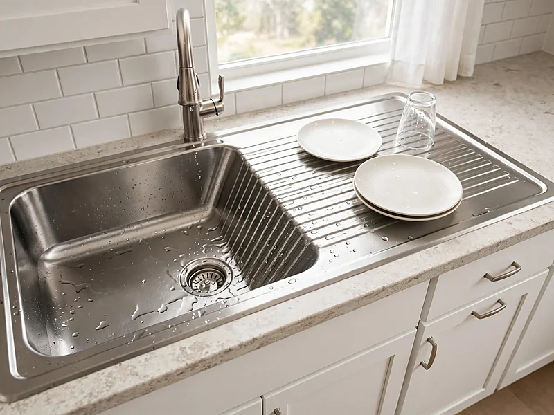 Stainless steel kitchen sink with an integrated grooved drainboard and drying dishes beside the basin.