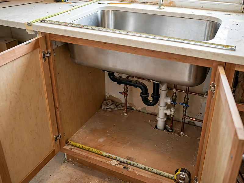 Open kitchen sink base cabinet with a tape measure showing cabinet width, sink cutout, and plumbing clearance.