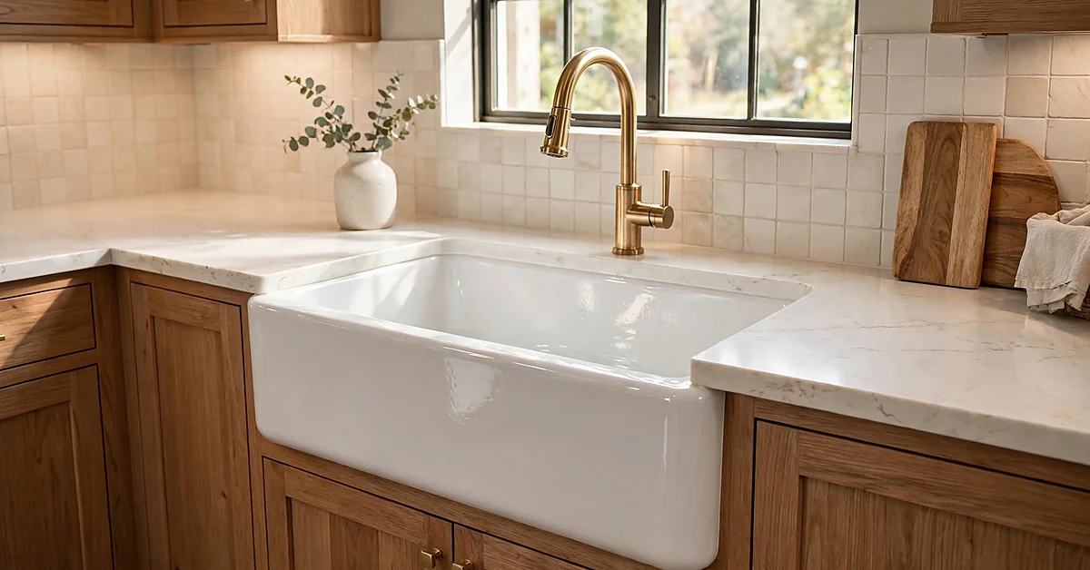 Beautiful modern farmhouse kitchen with a white apron-front sink, oak cabinets, quartz countertops, and a brass faucet.