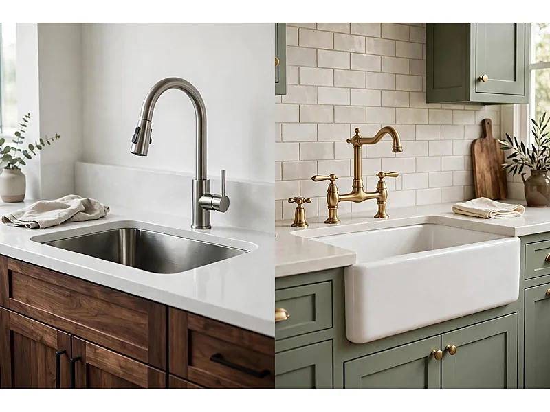 Side-by-side kitchen faucet combinations showing a modern pull-down faucet and a traditional bridge faucet.