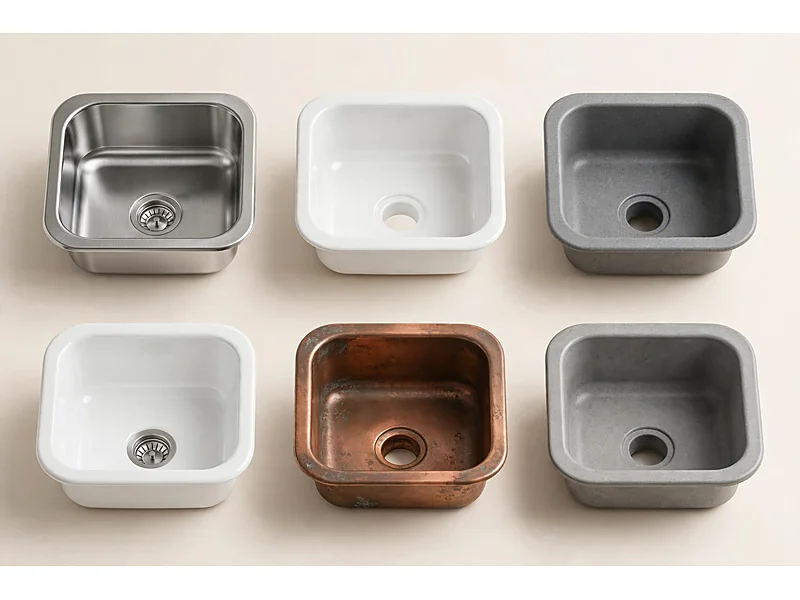 Six kitchen sink material samples showing stainless steel, fireclay, granite composite, enameled cast iron, copper, and concrete.