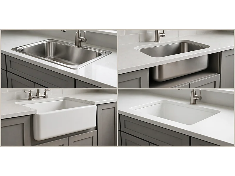 Visual comparison of drop-in, undermount, farmhouse apron-front, and integrated kitchen sink installations.
