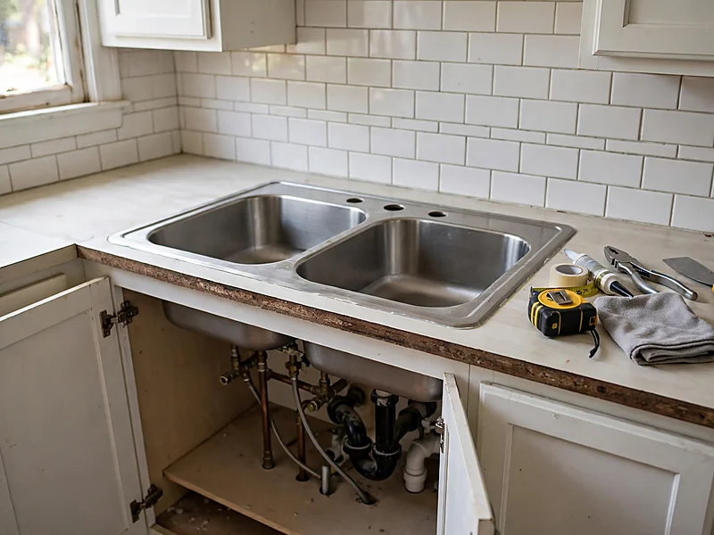Stainless steel drop-in sink fitted into an existing countertop opening during a kitchen sink replacement project.