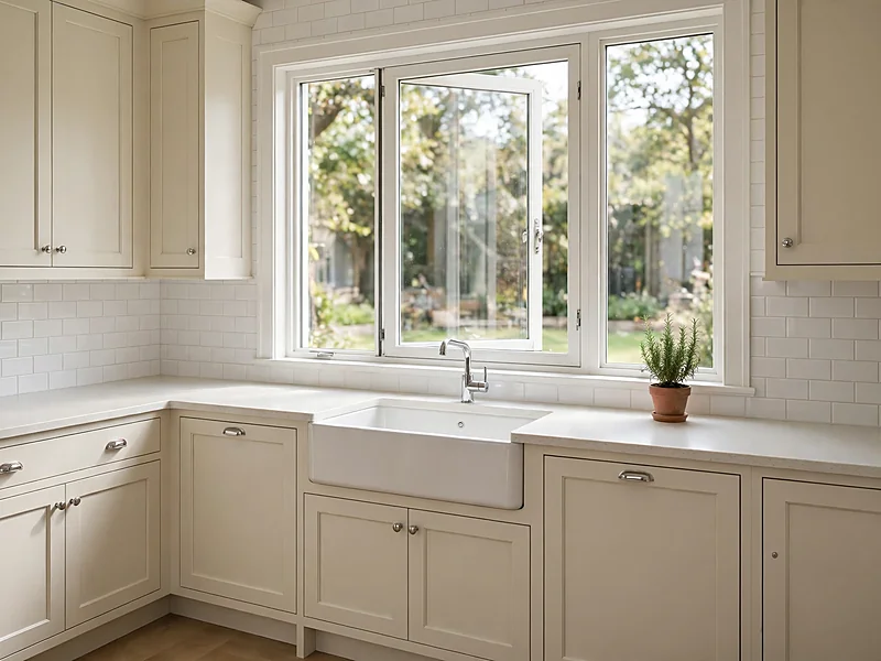 White kitchen sink centered beneath a large window overlooking a garden, with light cabinets and a chrome faucet.