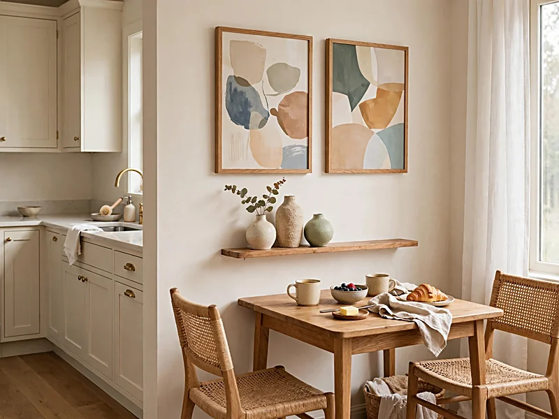 Cozy kitchen breakfast corner decorated with framed artwork, ceramic vases, and simple wood shelves.