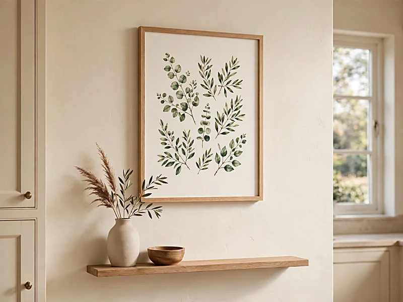 Framed botanical artwork on a warm cream kitchen wall above a wooden side table.