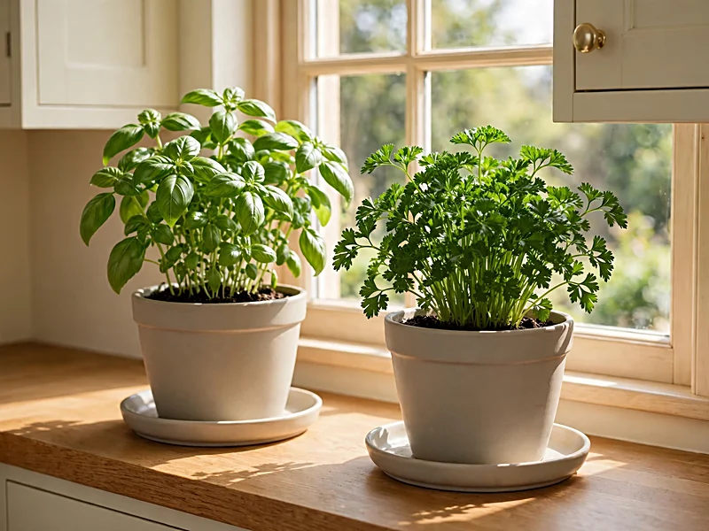 Fresh basil and parsley in ceramic pots on a sunny kitchen windowsill above a wood countertop.