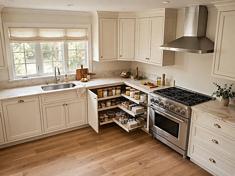 L-shaped kitchen with cabinets along two adjoining walls and a pull-out corner storage unit.