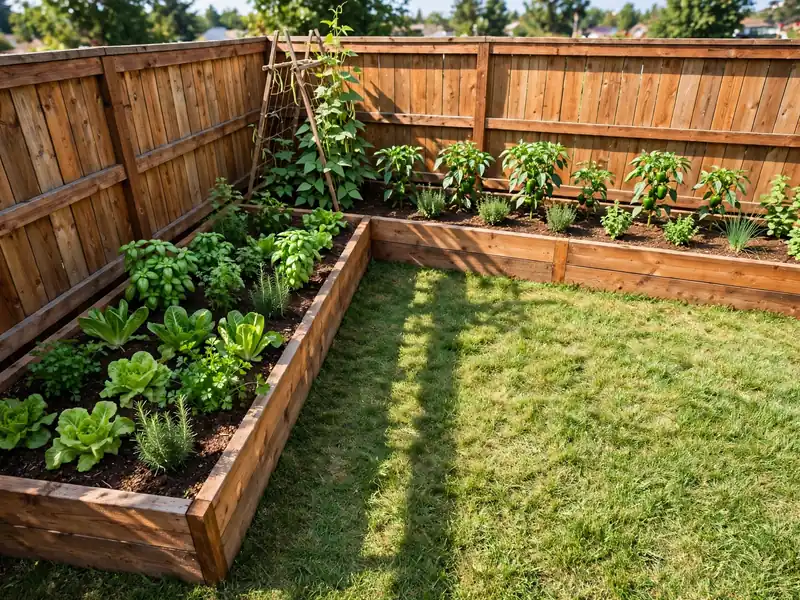 L-shaped vegetable planting beds following two adjoining backyard fence lines.