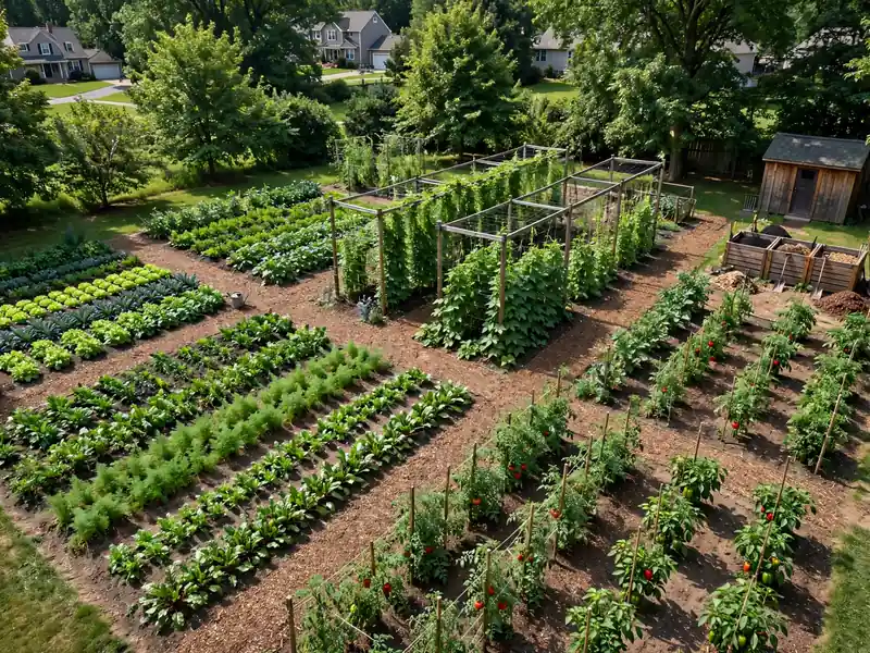 Large backyard vegetable garden divided into growing zones with pathways, trellises, and mixed crops.
