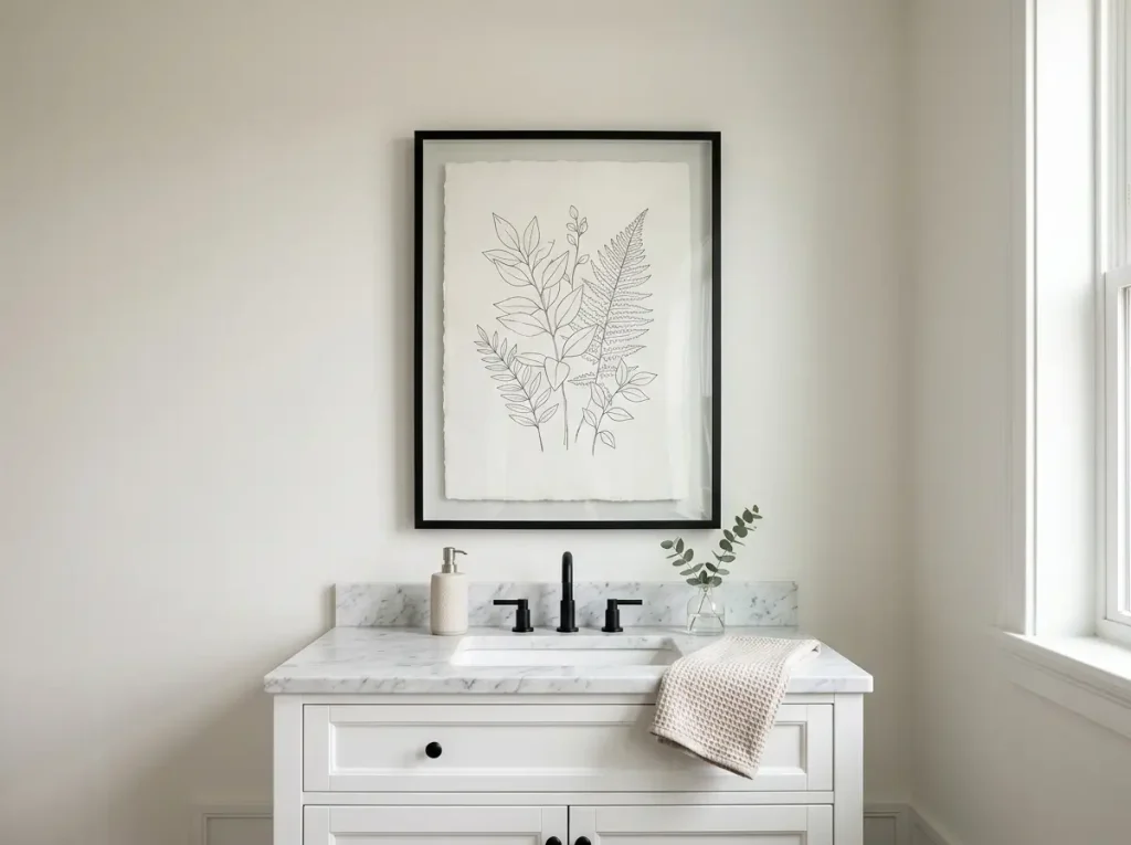 Large glass framed botanical print above a white bathroom vanity
