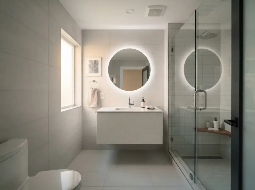 Small bathroom with 12 by 24 inch porcelain tile on matching walls and floor
