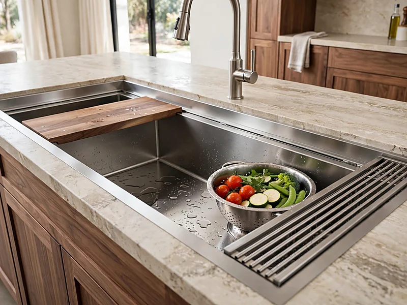 Large workstation kitchen sink with integrated cutting board, colander, and drying rack arranged along sliding ledges.