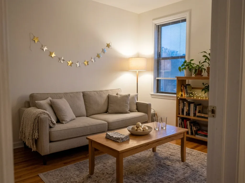 Simple New Year's Eve living room setup with a paper garland, ornament bowl, warm lights, and a tidy coffee table.