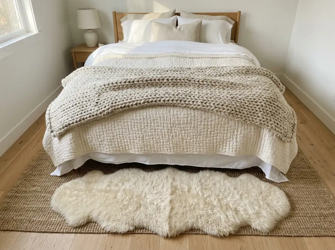 Layered Christmas bed with sheets, quilt, knit throw, and a faux fur rug over sisal under the lower third of the bed