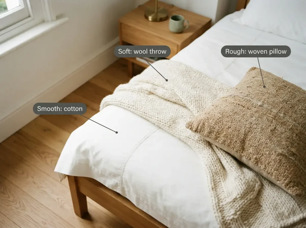 Close up of smooth cotton sheets, a chunky wool throw and a woven jute pillow layered on a bed
