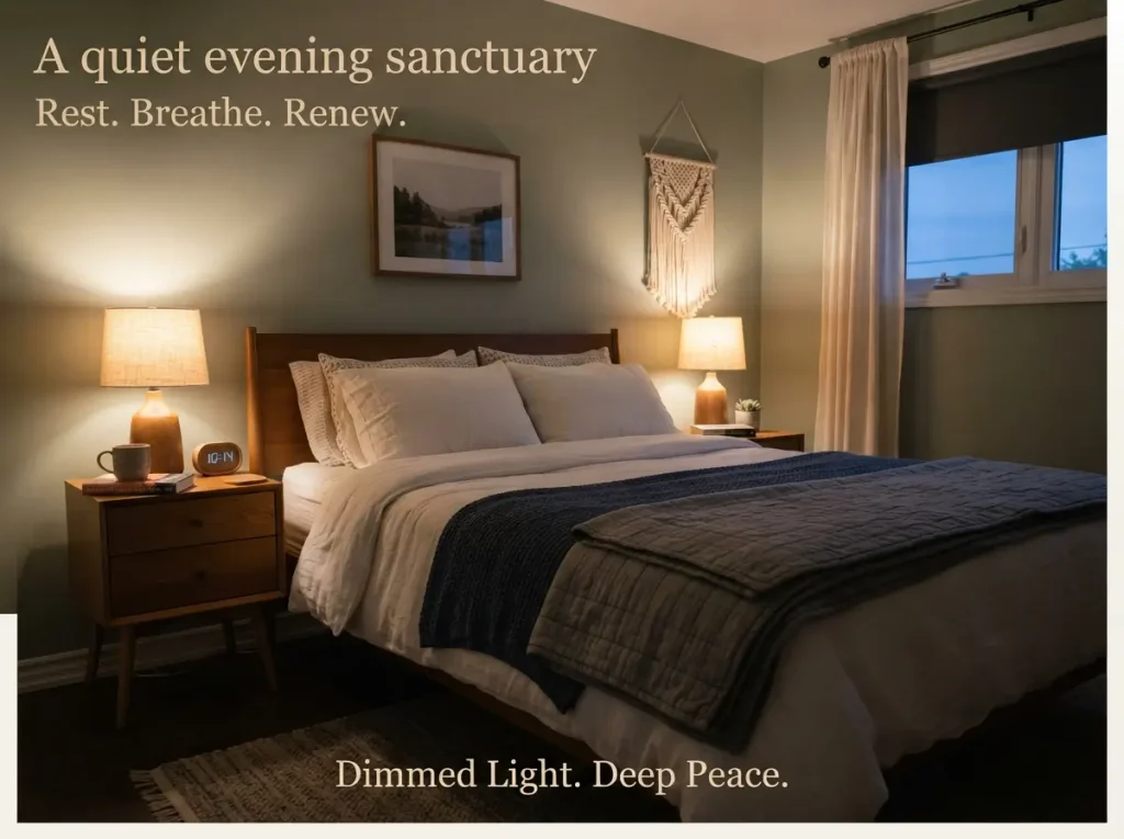 Bed with layered bedding and a throw beside a nightstand with a warm soft-shade lamp
