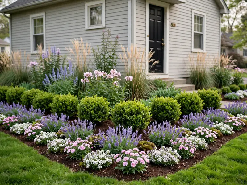 Layered front yard flower beds with low perennials, medium shrubs, and taller plants beside a house entrance.