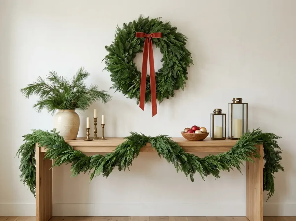 Console table styled in layers with a large garland, a wreath, candles, and a small bowl of ornaments